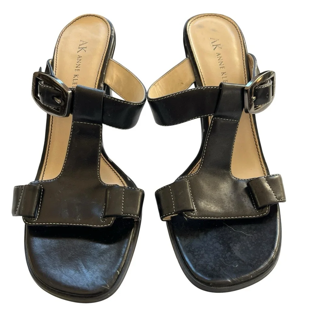 Anne Klein Maprincess Womens Size 6.5 M Black Leather Heeled Sandals Dress Shoes